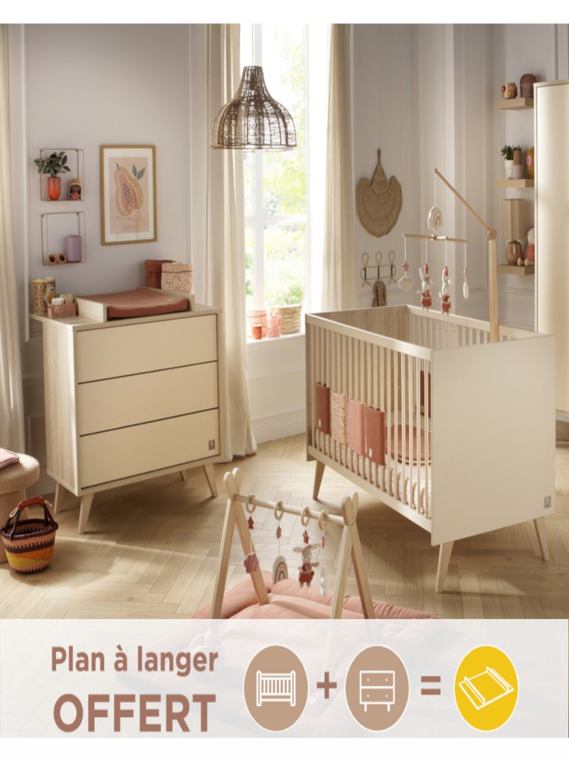 Chambre bébé, Lit évolutif et Commode à langer 3 tiroirs - Beige - Kiabi