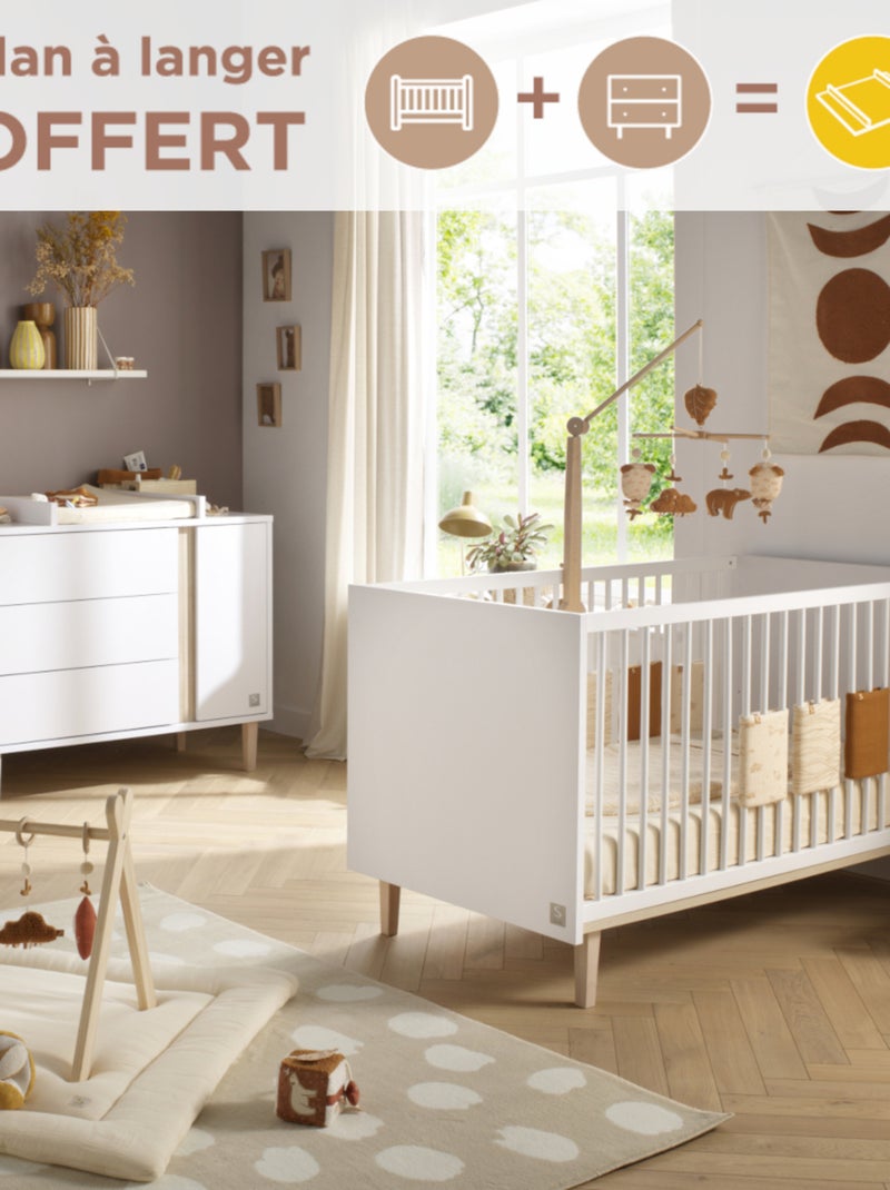 Chambre bébé, Lit évolutif et Commode à langer 3 tiroirs et 1 porte - Blanc - Kiabi