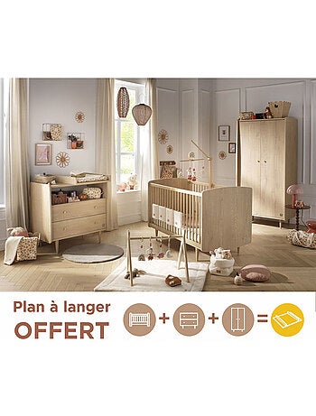 Chambre bébé trio évolutive my love, lit 140x70 évolutif commode à langer 2 tiroirs et armoire - chê