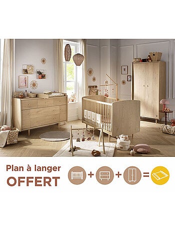 Chambre bébé trio évolutive my love, lit 140x70 évolutif commode à langer xxl et armoire - chêne vin