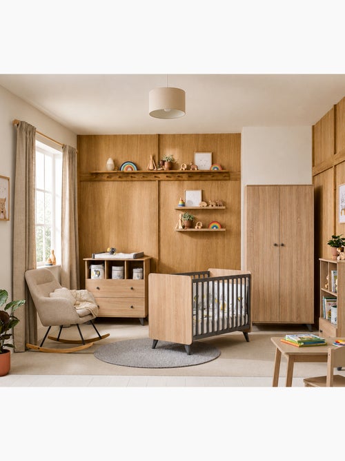 Chambre bébé trio: Lit bébé 60x120, Commode à langer 2 tiroirs et armoire 2 portes décor bois chêne - Kiabi