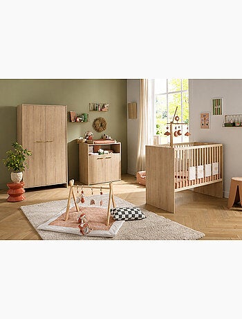 Chambre bébé trio: Lit bébé 60x120 évolutif, commode à langer 2 portes et armoire 2 portes décor boi