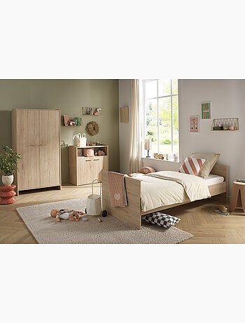 Chambre bébé trio: Lit bébé 60x120 évolutif, commode à langer 2 portes et armoire 2 portes décor boi