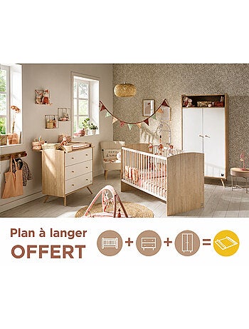 Chambre bébé trio: Lit bébé 70x140 évolutif, commode à langer 3 tiroirs et armoire 2 portes décor bo