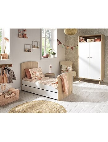 Chambre bébé trio: Lit bébé 70x140 évolutif, commode à langer 3 tiroirs et armoire 2 portes décor bo