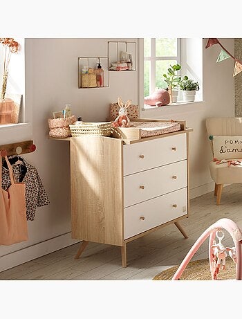 Chambre bébé trio: Lit bébé 70x140 évolutif, commode à langer 3 tiroirs et armoire 2 portes décor bo
