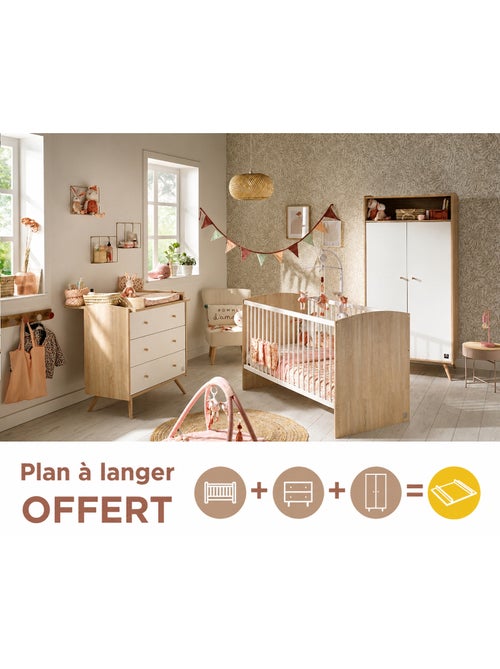 Chambre bébé trio: Lit bébé 70x140 évolutif, commode à langer 3 tiroirs et armoire 2 portes décor bo - Kiabi