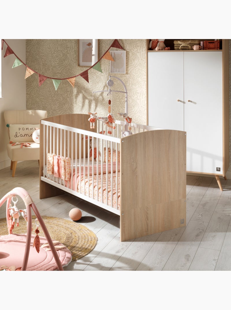 Chambre bébé trio: Lit bébé 70x140 évolutif, commode à langer 3 tiroirs et armoire 2 portes décor bo Blanc Marron - Kiabi