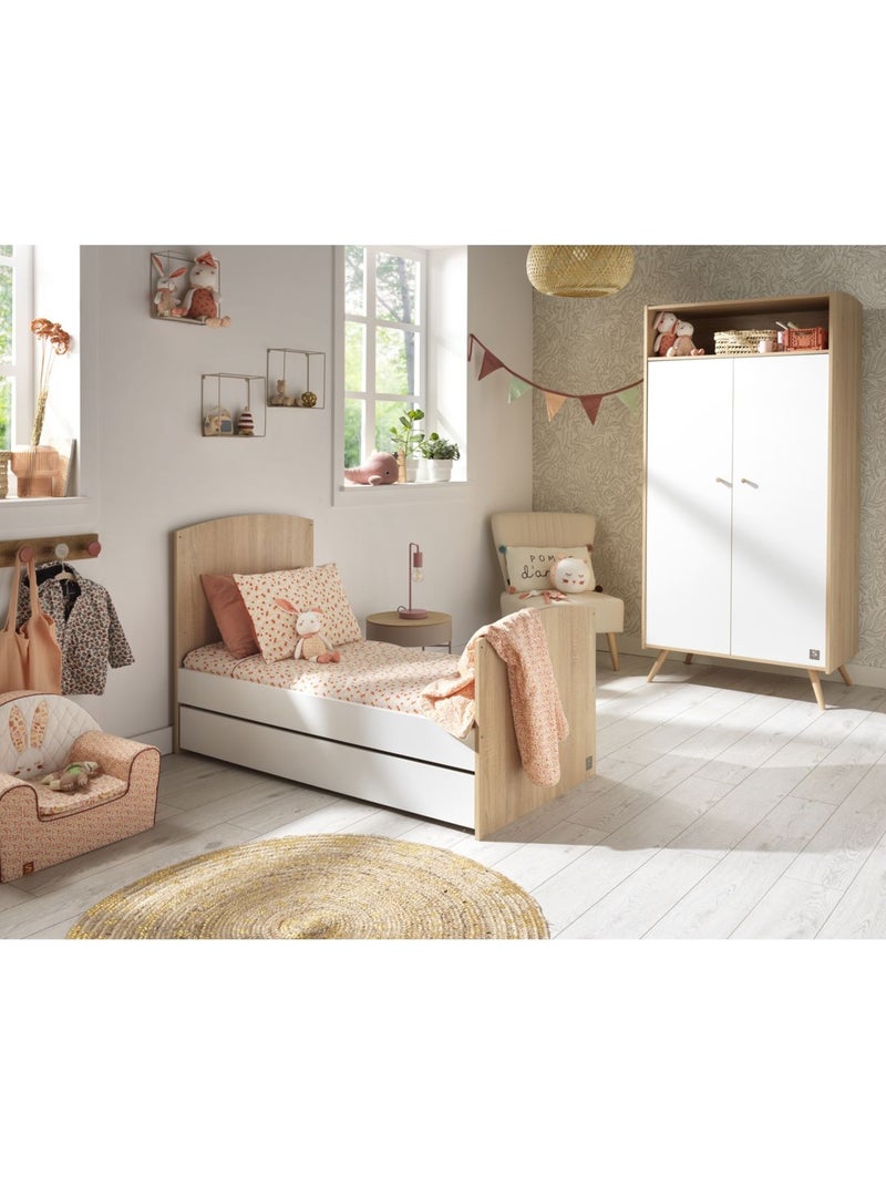 Chambre bébé trio: Lit bébé 70x140 évolutif, commode à langer 3 tiroirs et armoire 2 portes décor bo Blanc Marron - Kiabi