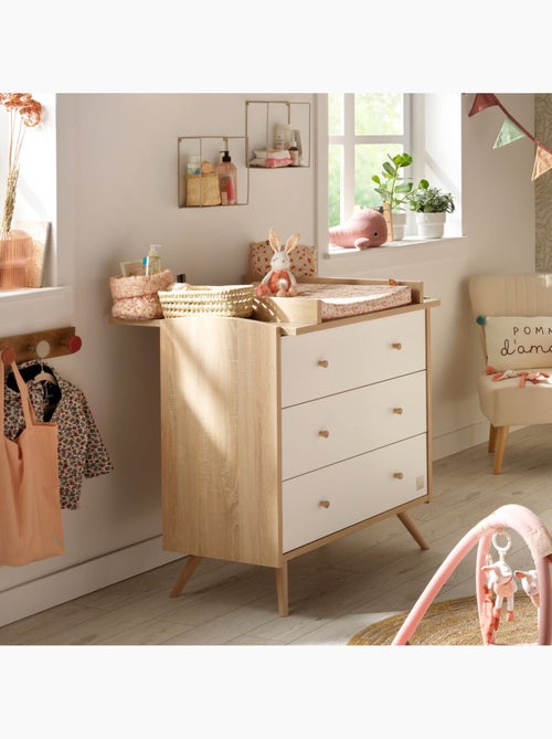 Chambre bébé trio: Lit bébé 70x140 évolutif, commode à langer 3 tiroirs et armoire 2 portes décor bo - Kiabi