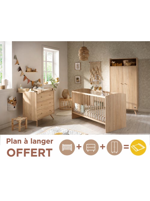 Chambre bébé trio: Lit bébé 70x140 évolutif, commode à langer 3 tiroirs et armoire 2 portes décor bo - Kiabi