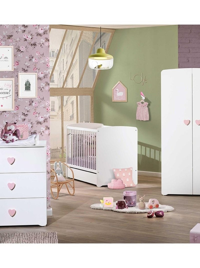 Chambre complète bébé avec lit à barreaux, commode à langer et armoire 2 portes - BABYPRICE Blanc Rose - Kiabi