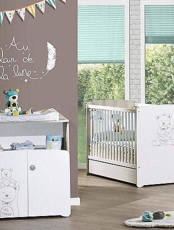 Chambre duo lit et Commode à langer en bois blanc - BABYPRICE