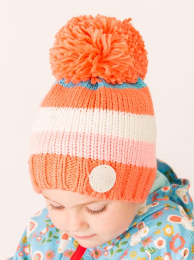 Chapeau Bobble Corail et Crème Rayé Lame & Rose Corail/Turquoise/Crème - Kiabi