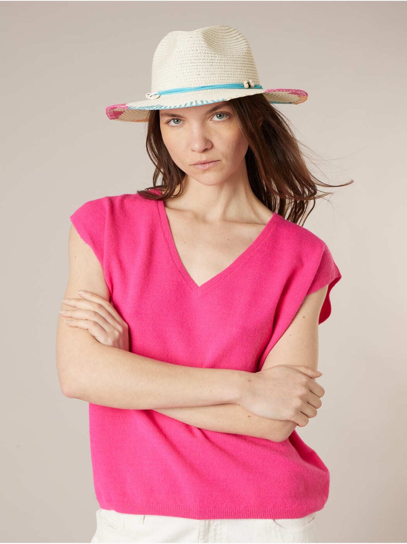 Chapeau multicolore femme tressé en 100% papier
 'Deeluxe' Ecru - Kiabi