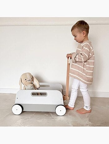 Chariot à jouets en bois enfant avec poignée à tirer - remorque de rangement et de promenade