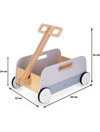 Chariot à jouets en bois enfant avec poignée à tirer - remorque de rangement et de promenade