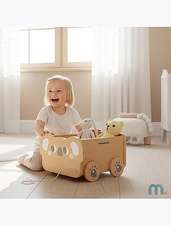 Chariot a tirer bois enfant 30x26cm coffre jouets koala mamabrum