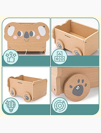Chariot a tirer bois enfant 30x26cm coffre jouets koala mamabrum