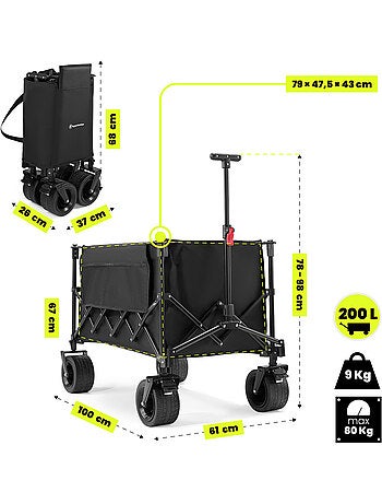 Chariot HyperMotion 200L pliable 80kg Acier tout-terrain Remorque Jardin Trolley Pliage Rapide