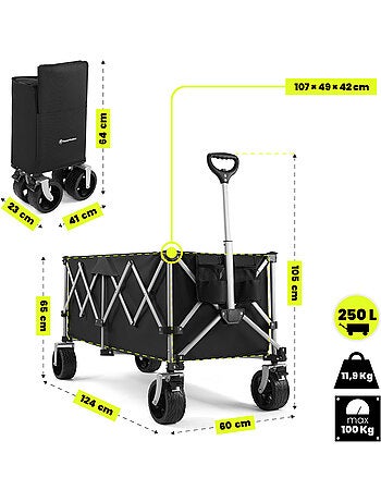 Chariot HyperMotion 250L Pliable 100kg Roues 7" Tout-terrain Remorque Jardin trolley pliage rapide