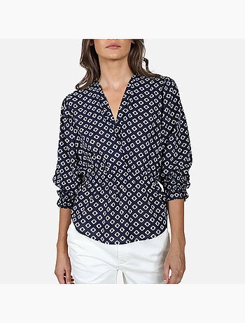 CHATTAWAK - Blouse marine fantaisie coupe ample avec un col v et un imprimé losanges