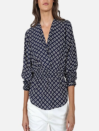 CHATTAWAK - Blouse marine fantaisie coupe ample avec un col v et un imprimé losanges