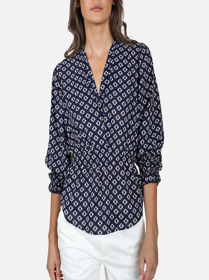 CHATTAWAK - Blouse marine fantaisie coupe ample avec un col v et un imprimé losanges Bleu marine - Kiabi