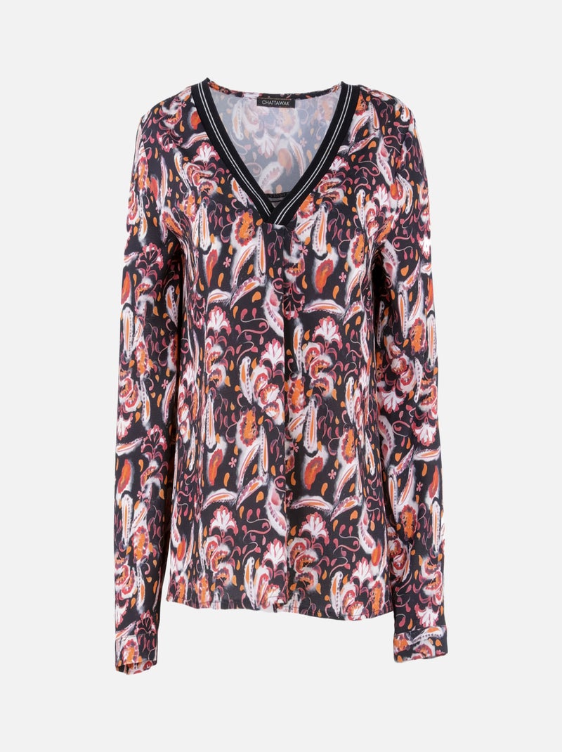 CHATTAWAK - Blouse TIME noire et orange fantaisie coupe droite col v Multicolore - Kiabi