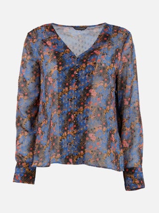 CHATTAWAK - Blouse VIRTUOSE bleue fantaisie coupe droite col v