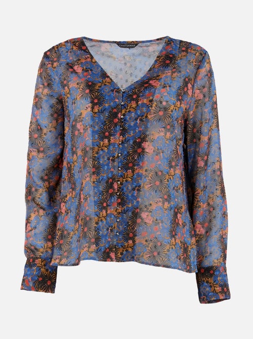 CHATTAWAK - Blouse VIRTUOSE bleue fantaisie coupe droite col v - Kiabi