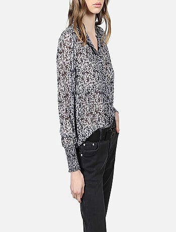 CHATTAWAK - Chemise anthracite à motif fleuri coupe ajustée col italien et à manches longues
