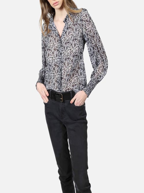 CHATTAWAK - Chemise anthracite à motif  fleuri coupe ajustée col italien et à manches longues - Kiabi