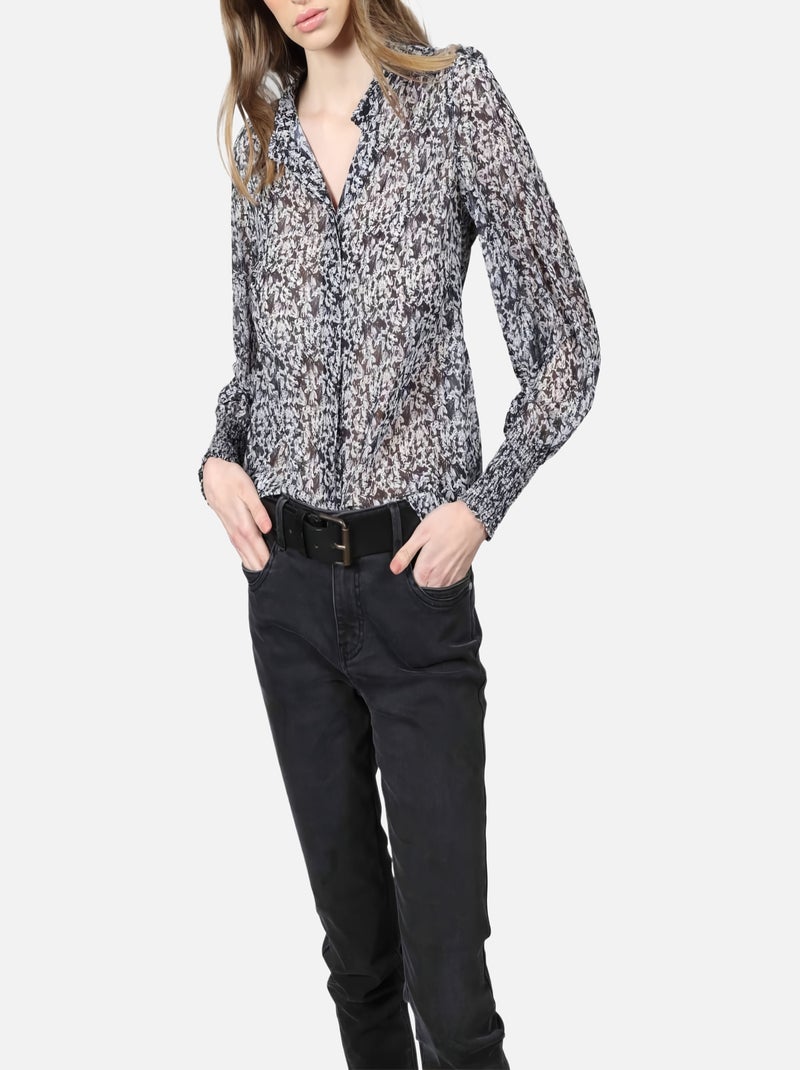 CHATTAWAK - Chemise anthracite à motif  fleuri coupe ajustée col italien et à manches longues gris anthracite - Kiabi