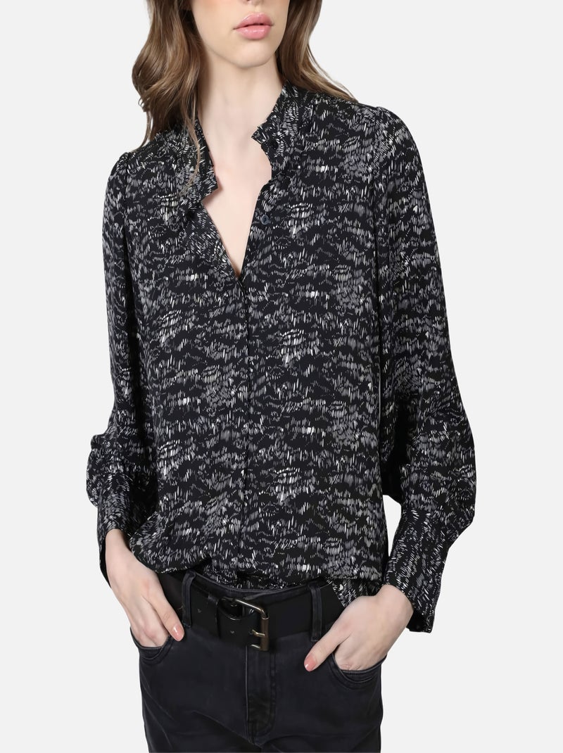 CHATTAWAK - Chemise anthracite imprimé abstrait à coupe ajustée et col ruffle gris anthracite - Kiabi