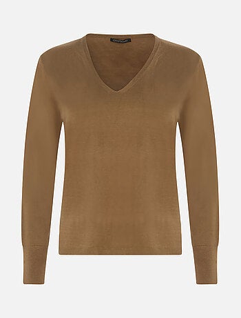 CHATTAWAK - Pull camel uni en maille fine avec une coupe droite col v et à manches longues