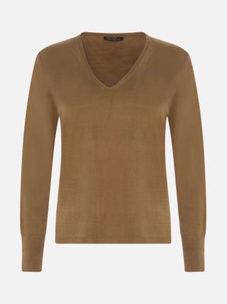CHATTAWAK - Pull camel uni en maille fine avec une coupe droite col v et à manches longues