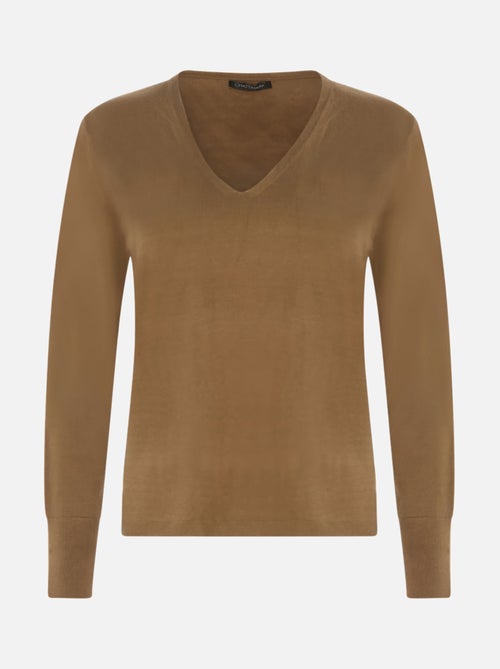 CHATTAWAK - Pull camel uni en maille fine avec une coupe droite col v et à manches longues - Kiabi
