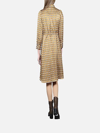 CHATTAWAK - Robe courte jaune imprimé abstrait à coupe évasée col italien et à manches 3/5