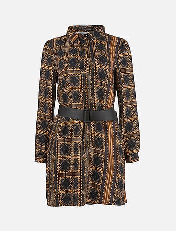 CHATTAWAK - Robe courte KYLIE LINELA marron fantaisie coupe droite col français
