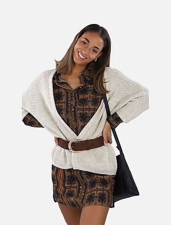 CHATTAWAK - Robe courte KYLIE LINELA marron fantaisie coupe droite col français