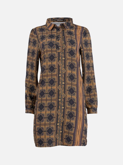 CHATTAWAK - Robe courte KYLIE LINELA marron fantaisie coupe droite col français - Kiabi