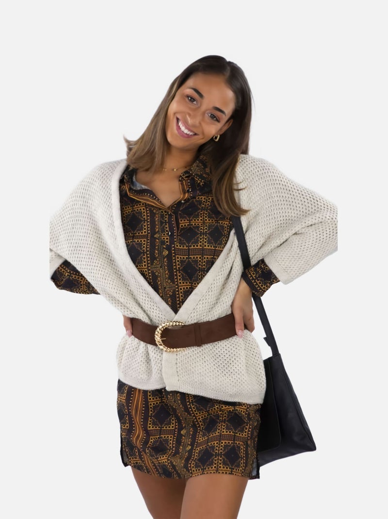 CHATTAWAK - Robe courte KYLIE LINELA marron fantaisie coupe droite col français Gris Marron Blanc - Kiabi