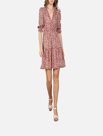 CHATTAWAK - Robe courte orange fantaisie coupe droite avec un col cache-coeur et un imprimé liberty