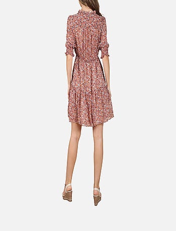 CHATTAWAK - Robe courte orange fantaisie coupe droite avec un col cache-coeur et un imprimé liberty