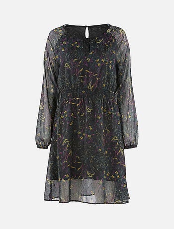 CHATTAWAK - Robe RUIZ bleue fantaisie coupe évasé col rond fendu