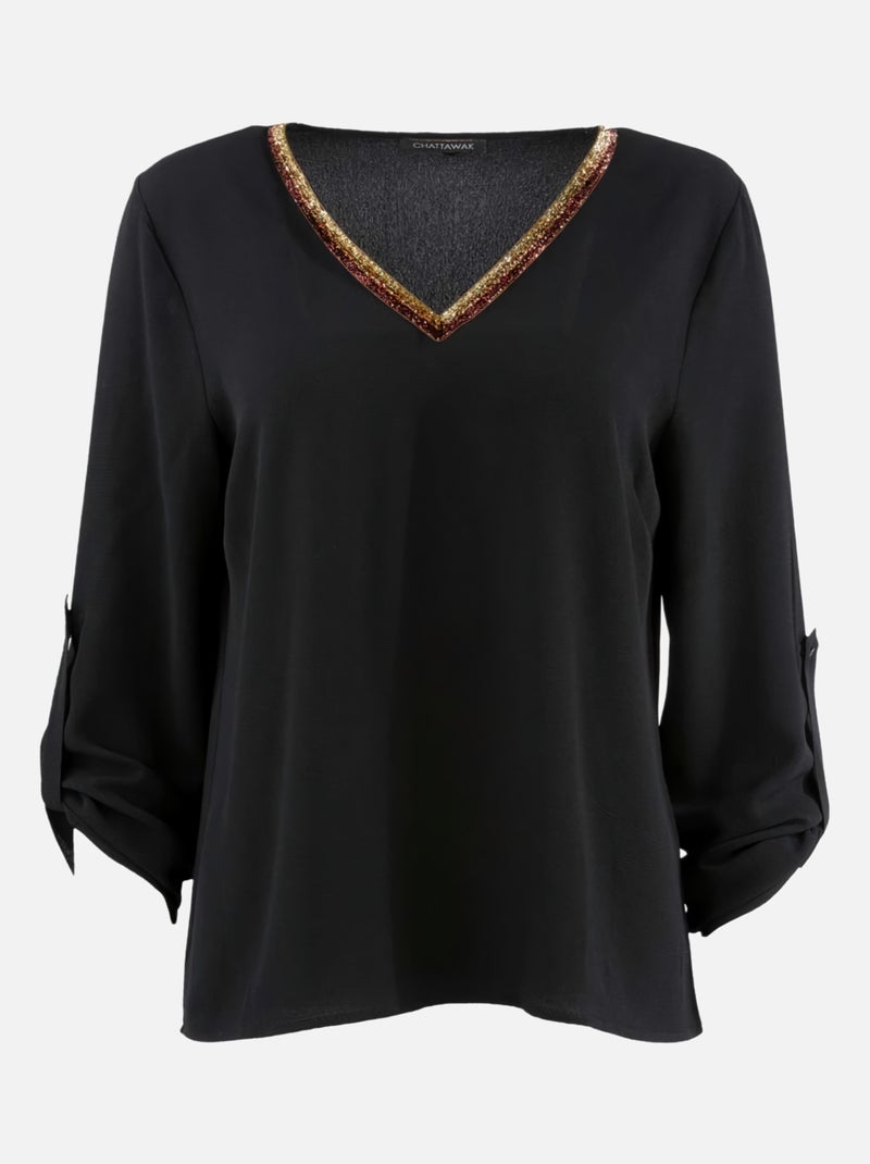 CHATTAWAK - Top MUSICO noir uni coupe droite col v Noir - Kiabi