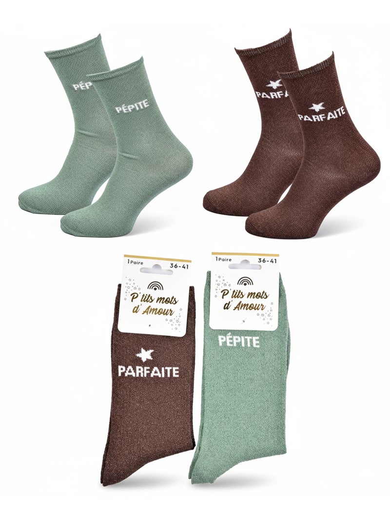 Chaussettes à paillettes Femme Message Humoristique Pack de 2 Paires Marron - Kiabi