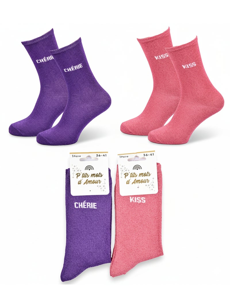 Chaussettes à paillettes Femme Message Humoristique Pack de 2 Paires Rose - Kiabi