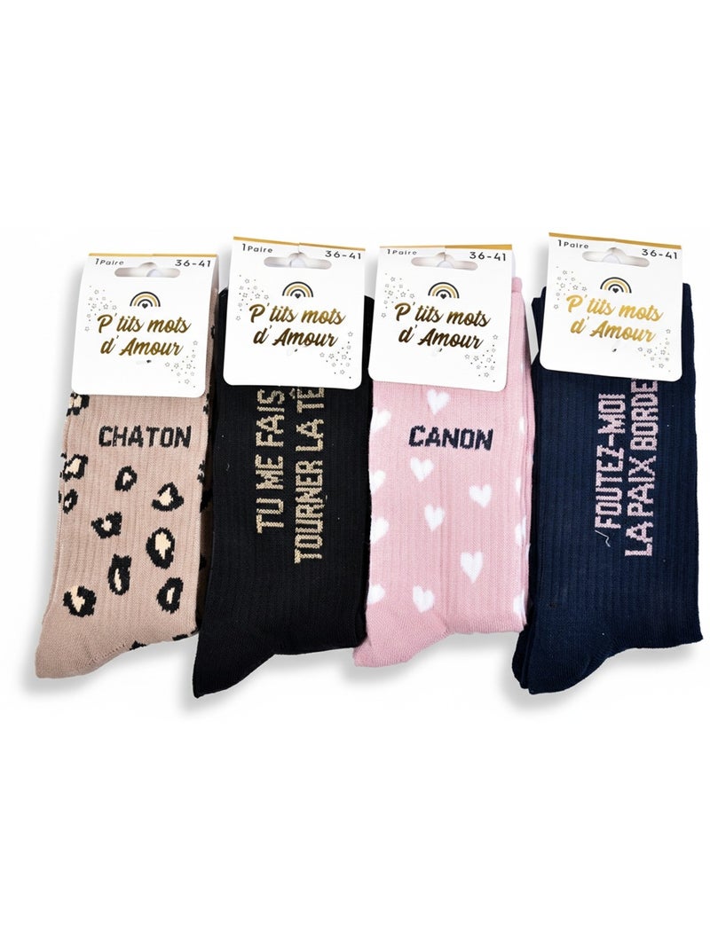 Chaussettes à paillettes Femme Message Humoristique Pack de 4 Paires Noir Marron - Kiabi